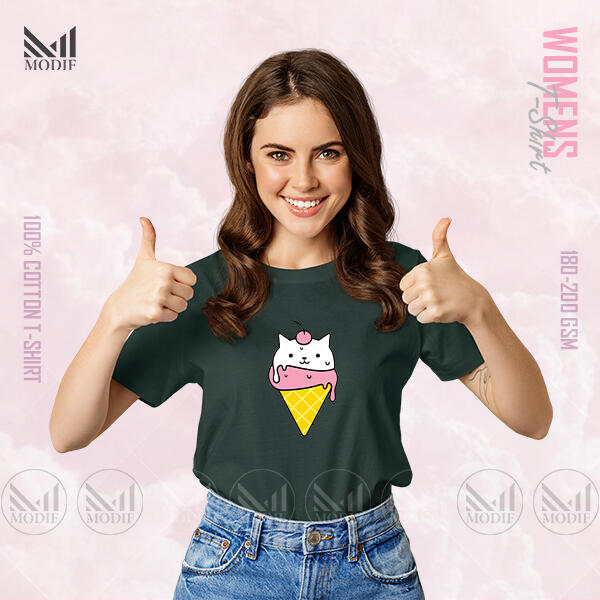 Icecream Cat Women Graphic T-Shirt Made With Premium Cotton Unisex Round Neck Short Sleeve