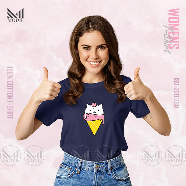 Icecream Cat Women Graphic T-Shirt Made With Premium Cotton Unisex Round Neck Short Sleeve