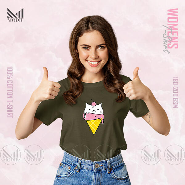 Icecream Cat Women Graphic T-Shirt Made With Premium Cotton Unisex Round Neck Short Sleeve