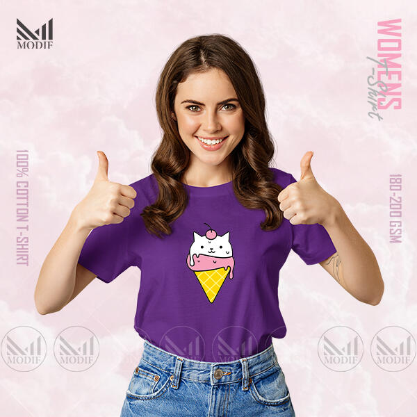 Icecream Cat Women Graphic T-Shirt Made With Premium Cotton Unisex Round Neck Short Sleeve